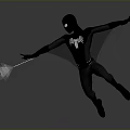 Black Superhero In Flying Pose With White Spider Symbol And Web Shooter