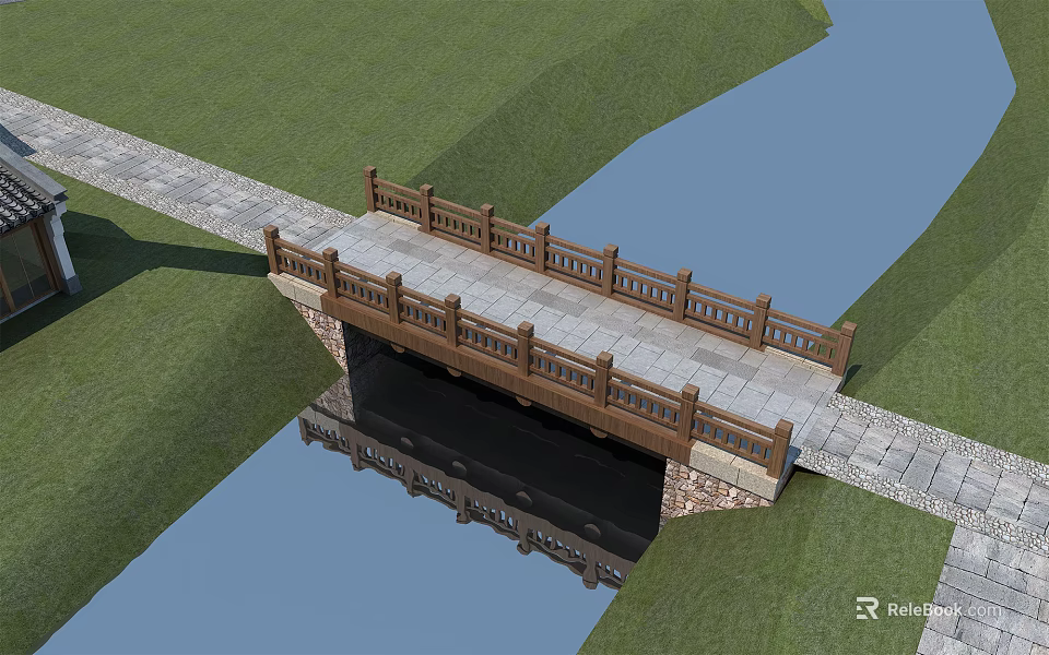 Scenic Stone Bridge With Wooden Railings And Water Reflection In Grassy Surroundings 3d model 