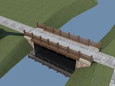 Scenic Stone Bridge With Wooden Railings And Water Reflection In Grassy Surroundings 3d model
