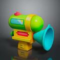 Colorful Toy Gun With Green Body Yellow Parts Red Button And Blue Horn Muzzle