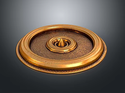 Ornate Golden Circular Metal Plate With Carved Patterns And Central Conical Ornament 3d model