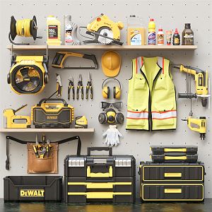 Modern tool cabinet tool wall chainsaw protective glasses gas mask hardware tool electric hammer tool room 3d model