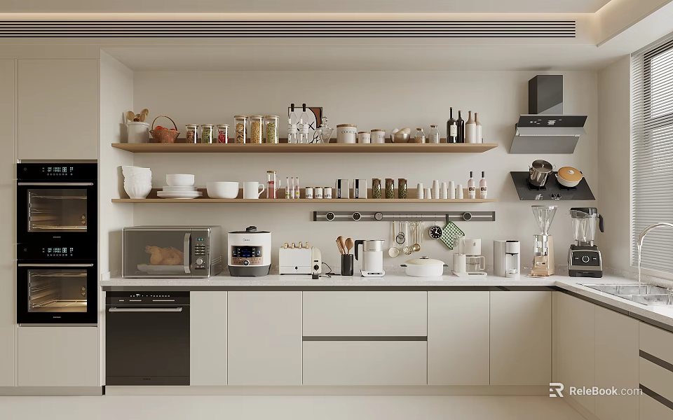 Modern Kitchen With Various Kitchenware And Appliances 3d model