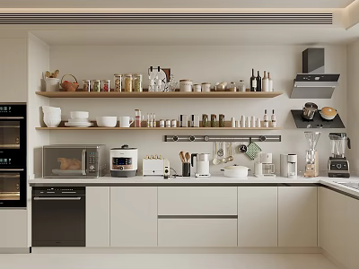 Modern Kitchen With Various Kitchenware And Appliances 3d model