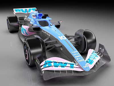 Blue Formula 1 Race Car With Pink BWT Logo And Number 10 Design 3d model