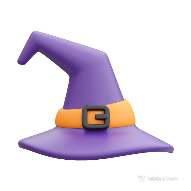 Purple Pointed Wizard Hat With Orange Belt And Black Buckle 3d model 