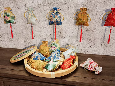 Intricately Carved Traditional Sachets on Bamboo Tray with Hanging Decor and Open Box 3d model