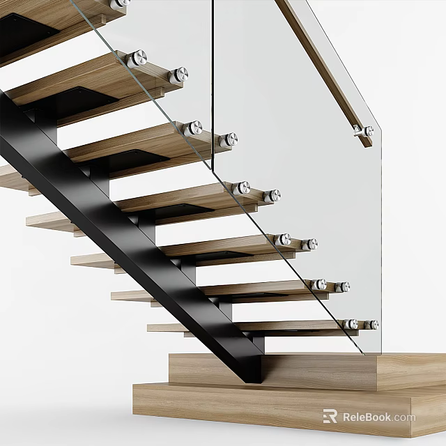 Modern Staircase Design With Wooden Steps Glass Railing And Metal Frame 3d model 
