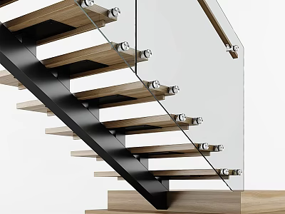Modern Staircase Design With Wooden Steps Glass Railing And Metal Frame 3d model