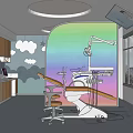 Hospital Outpatient Dental Treatment Room Featuring Cloud Decorations Rainbow Partition Dental Chair And Computer Workstations