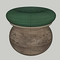 Elegant Round Stool With Wooden Base Green Padded Seat And Woven Edge Detail