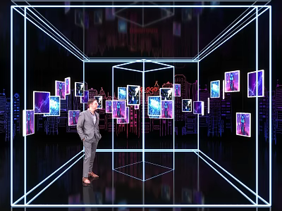 Digital Exhibition Hall With Man Standing Among Floating Screens Neon Lights And City Skyline Backdrop 3d model