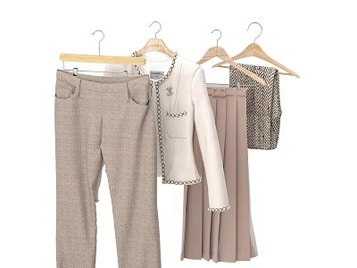 Elegant Beige Tweed Pants And Brown Skirt With Pearl Trim Jacket On Hangers 3d model