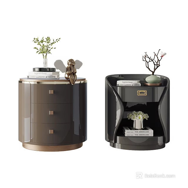 Modern Bedside Tables Design With Sleek Finish Decorative Vases Books And Figurines 3d model 