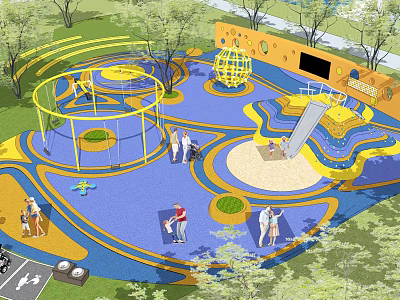 Residential Landscape Children's Playground Featuring Colorful Ground Play Equipment Trees And People Enjoying 3d model