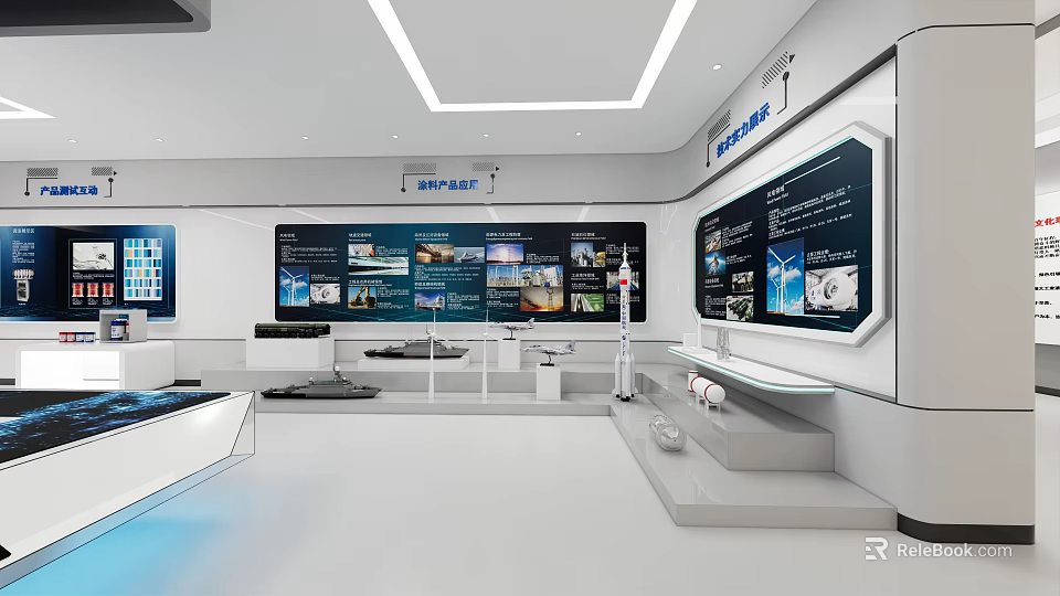 Modern Exhibition Hall Interior With Multiple Display Screens And Interactive Exhibits Layout 3d model 