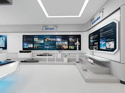 Modern Exhibition Hall Interior With Multiple Display Screens And Interactive Exhibits Layout 3d model
