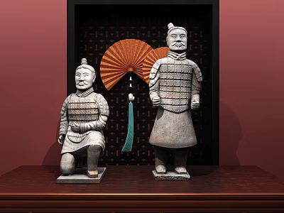 Terracotta Warrior Sculptures Kneeling And Standing With Red Fan And Dark Frame On Wooden Table 3d model