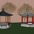 Chinese Style Pavilions With Black Tiled Roofs Red Brown Pillars On Green Grass And Trees