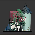 Fairy Tale House Scene With Green Trees Blue Roof Pink Walls And Round Base