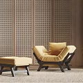 Cozy Single Sofa With Ottoman On Light Rug And Wooden Perforated Wall