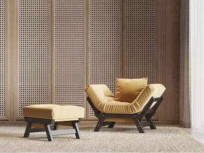 Cozy Single Sofa With Ottoman On Light Rug And Wooden Perforated Wall 3d model