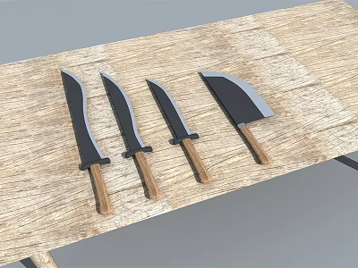 Four Sharp Knives As Weapons With Metal Blades And Wooden Handles On Wooden Table 3d model