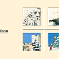 Set of Four Modern Abstract Oil Paintings With Architectural Scenes And Colorful Blocks