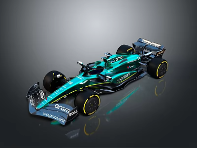 Teal Formula 1 Racing Car Streamlined Aerodynamic Design Cognizant Branding Large Wheels Rear Wing 3d model