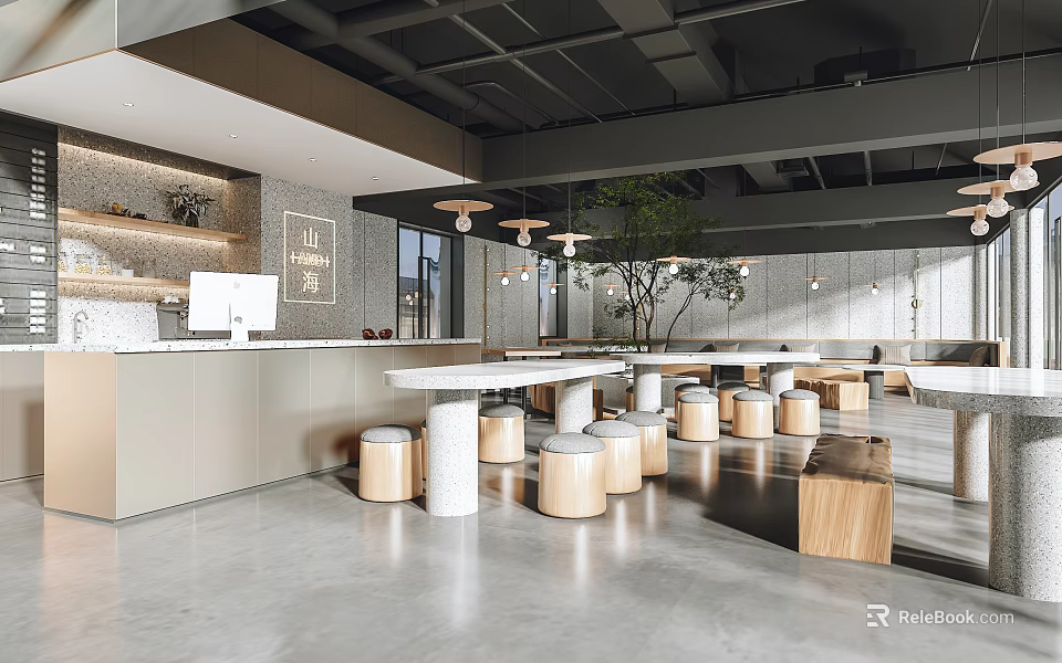 Modern Bubble Tea Shop Interior With Cozy Seating Bar Counter And Green Plants 3d model 