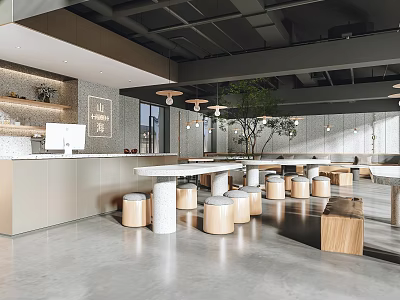 Modern Bubble Tea Shop Interior With Cozy Seating Bar Counter And Green Plants 3d model