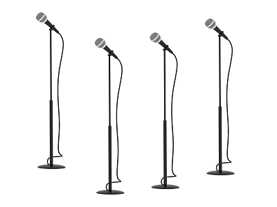 Four Black Stand Microphones With Adjustable Stands And Cables For Stage Performances 3d model