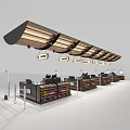 Retail Checkout Counters With Multiple Registers Yellow Light Fixtures And Colorful Product Displays
