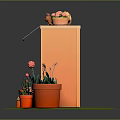 Cartoon Small Shop Scene with Flower Pots on Roof Rabbit Cat Front Potted Plants Flowers