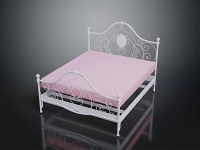 Elegant White Iron Double Bed Frame With Curved Scroll Designs And Pink Mattress 3d model