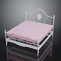 Elegant White Iron Double Bed Frame With Curved Scroll Designs And Pink Mattress
