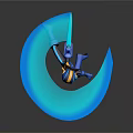 Glowing Blue Crescent Scene With Blue And Yellow Cartoon Character Standing
