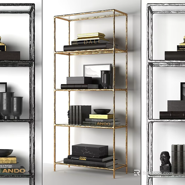 Modern Gold Frame Storage Shelf With Books Decorative Items And Photo Frame 3d model 