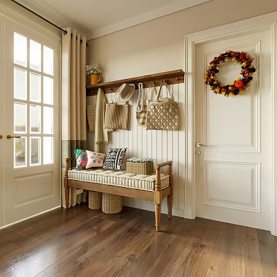 Entryway Interior Design With Wooden Bench Coat Rack Storage Baskets Pillows And Wreath 3d model