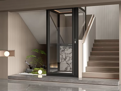 Modern Glass Elevator Design In Residential Interior With Staircase And Decorative Plants 3d model