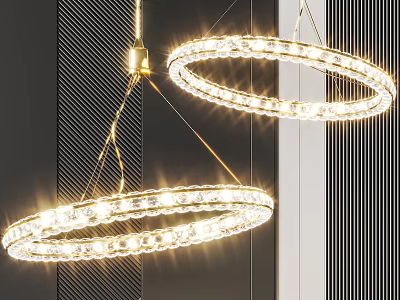Modern Crystal Circular Pendant Lights With Gold Chain And Striped Wall Background 3d model