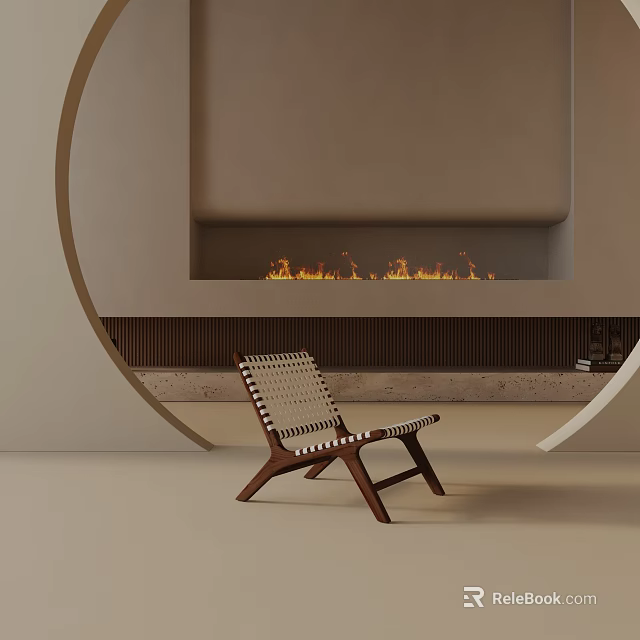 Modern Wooden Dining Chair With Woven Seat In Interior Fireplace Design 3d model 