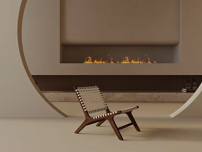 Modern Wooden Dining Chair With Woven Seat In Interior Fireplace Design 3d model