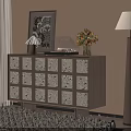 Wooden Entryway Console Cabinet with Decorative Panels Table Lamp Vase Flowers and Laptop