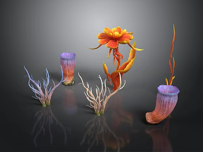 Colorful Tropical Plants With Vibrant Flowers And Coral Like Structures On Black Background 3d model