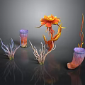 Colorful Tropical Plants With Vibrant Flowers And Coral Like Structures On Black Background