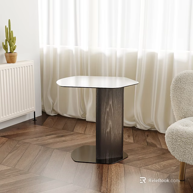 Modern Side Table with White Smooth Top and Dark Wooden Base in Living Room 3d model 