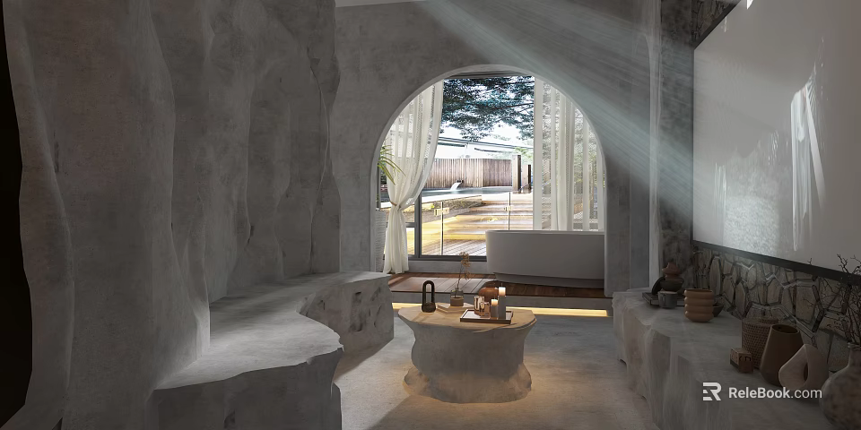 Cartoon Scene Featuring Arched Doorway Light Streaming Through Window Stone Seats Coffee Table and Plants 3d model 