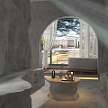 Cartoon Scene Featuring Arched Doorway Light Streaming Through Window Stone Seats Coffee Table and Plants