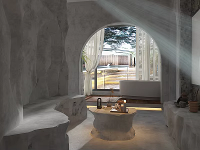 Cartoon Scene Featuring Arched Doorway Light Streaming Through Window Stone Seats Coffee Table and Plants 3d model